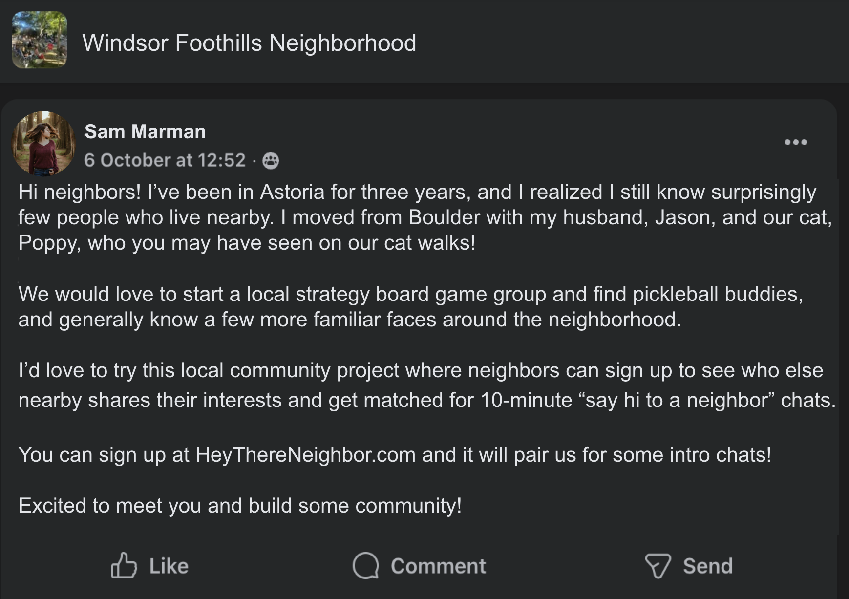 A Hey There Neighbor invitation shared in a local group