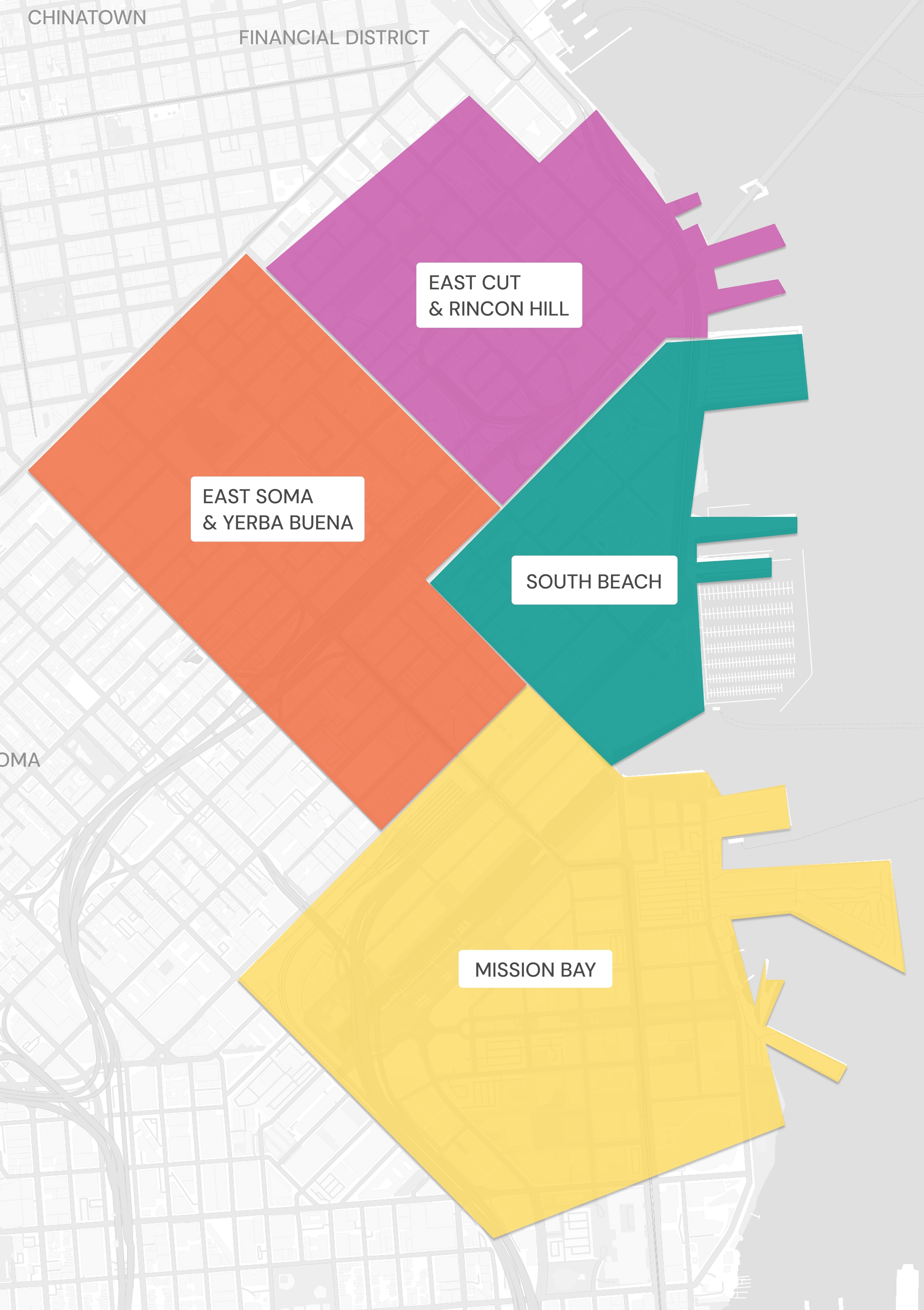 Map of the Rincon Hill, South Beach, East SoMa, Yerba Buena, and Mission Bay project area